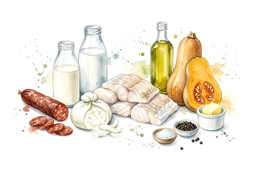 Les ingrédients de Dos de cabillaud et espuma de burrata, cubes de courge butternut poêlés et croustillant de chorizo doux d'Espagne, à l'aquarelle