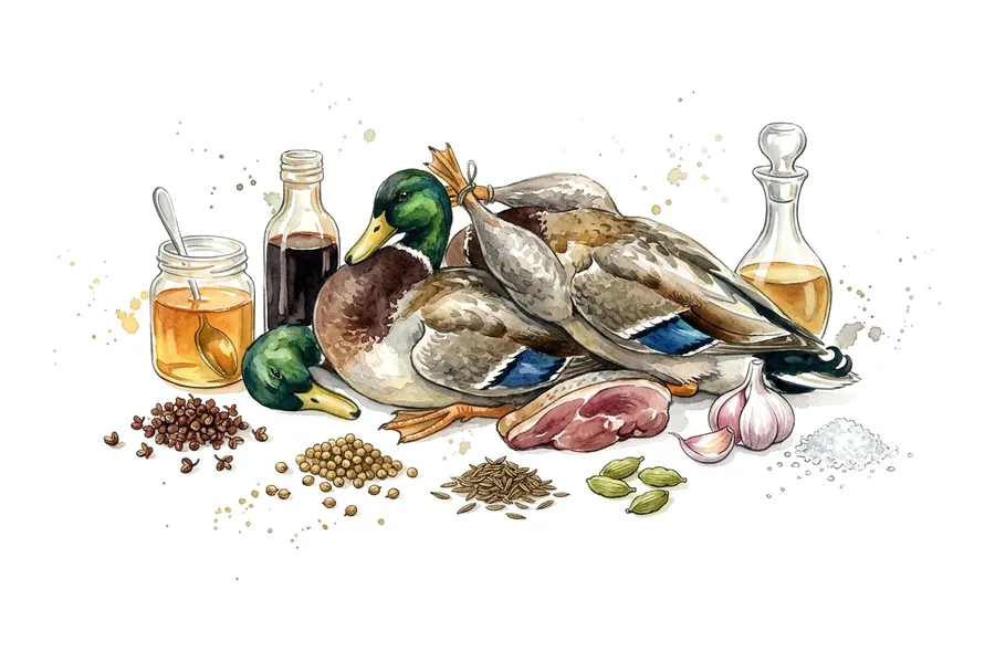 Les ingrédients de Canard colvert légèrement laqué aux épices, à l'aquarelle