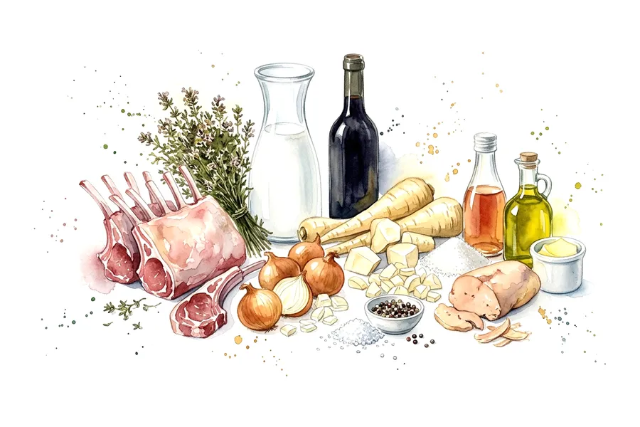 Gli ingredienti di Carré d'agneau rôti à la fleur de thym, mousseline aux panais et copeaux de foie gras, compotée d'oignons doux, ad acquerello