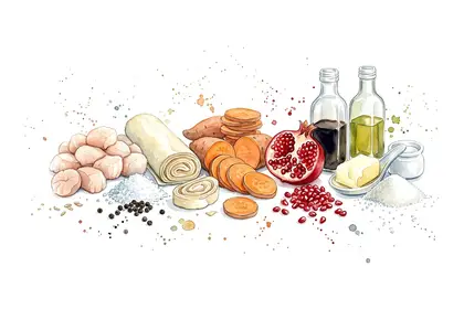 Noix de saint jacques au beurre de grenade, tarte tatin de patates douces