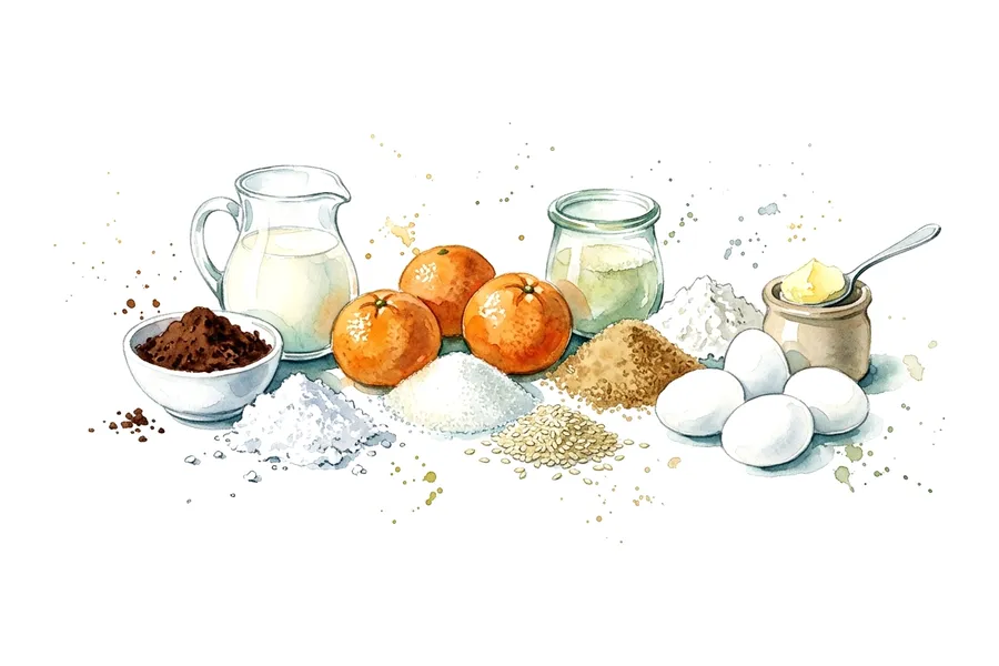 Les ingrédients de Mousse au chocolat siphonnée, clémentines confites et tuile au sésame, à l'aquarelle