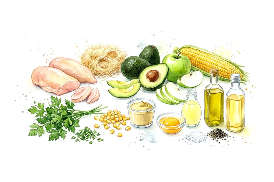 Les ingrédients de Volaille en kadaïf croustillantes, piémontaise d'avocats et pop corn, à l'aquarelle