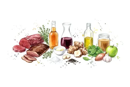Filet de bœuf roulé au magret de canard fumé, topinambours glacés au cidre de Normandie et jeunes pousses d'épinards
