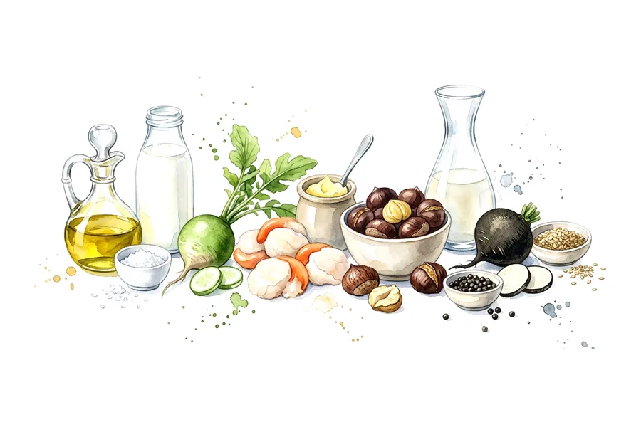 Les ingrédients de Noix de Saint-Jacques grillées, crème de châtaignes, radis à cru, à l'aquarelle
