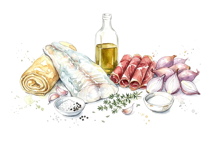 Les ingrédients de Pavé de lieu jaune en robe de jambon de pays, tarte tatin aux échalotes confites, à l'aquarelle