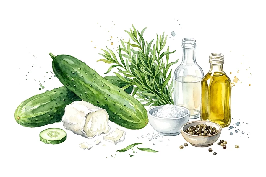 Les ingrédients de Soupe de concombre au fromage de chèvre et a l'estragon, à l'aquarelle