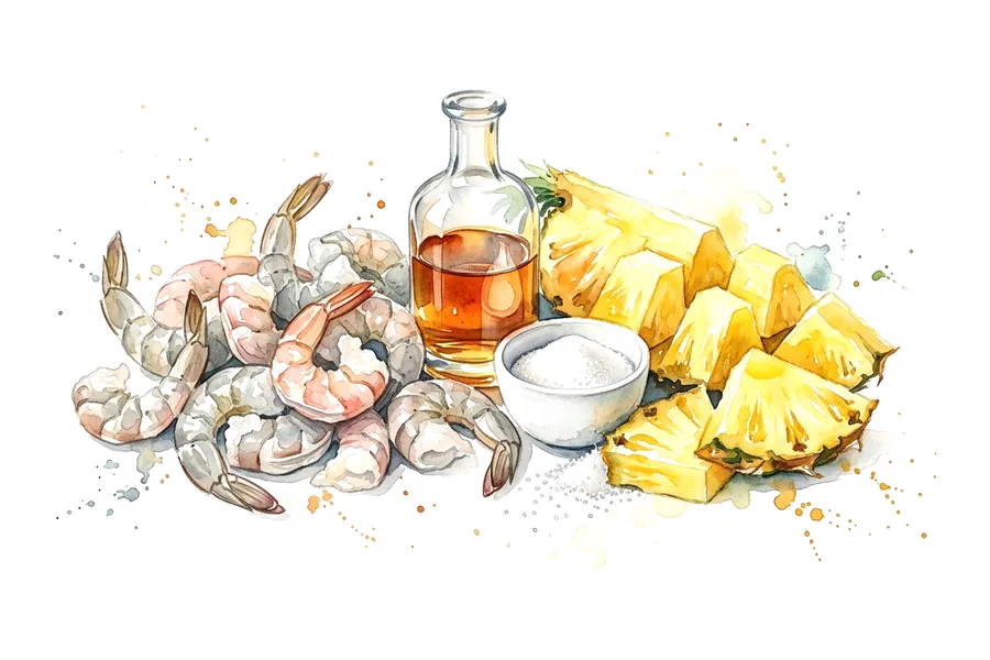 Les ingrédients de Brochette de gambas et ananas caramélisées au rhum, à l'aquarelle